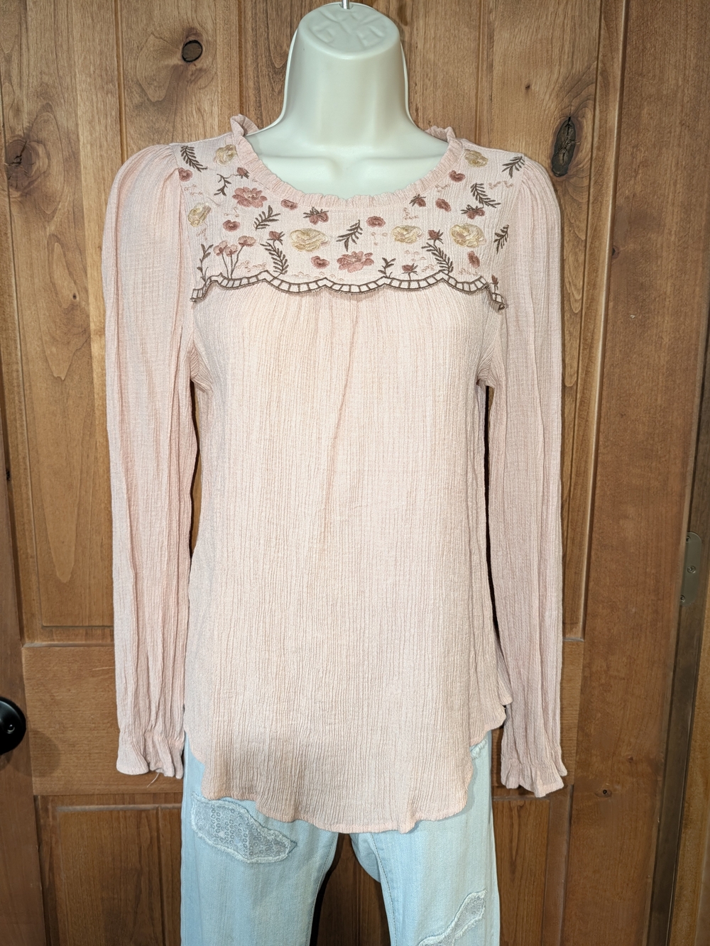 mine Pink Embroidered Crinkle Peasant Blouse